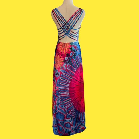 La Bamba Hippie Tie Dye Retro Backless Gypsy Boho Colorful Long Maxi Dress. - Picture 4 of 9